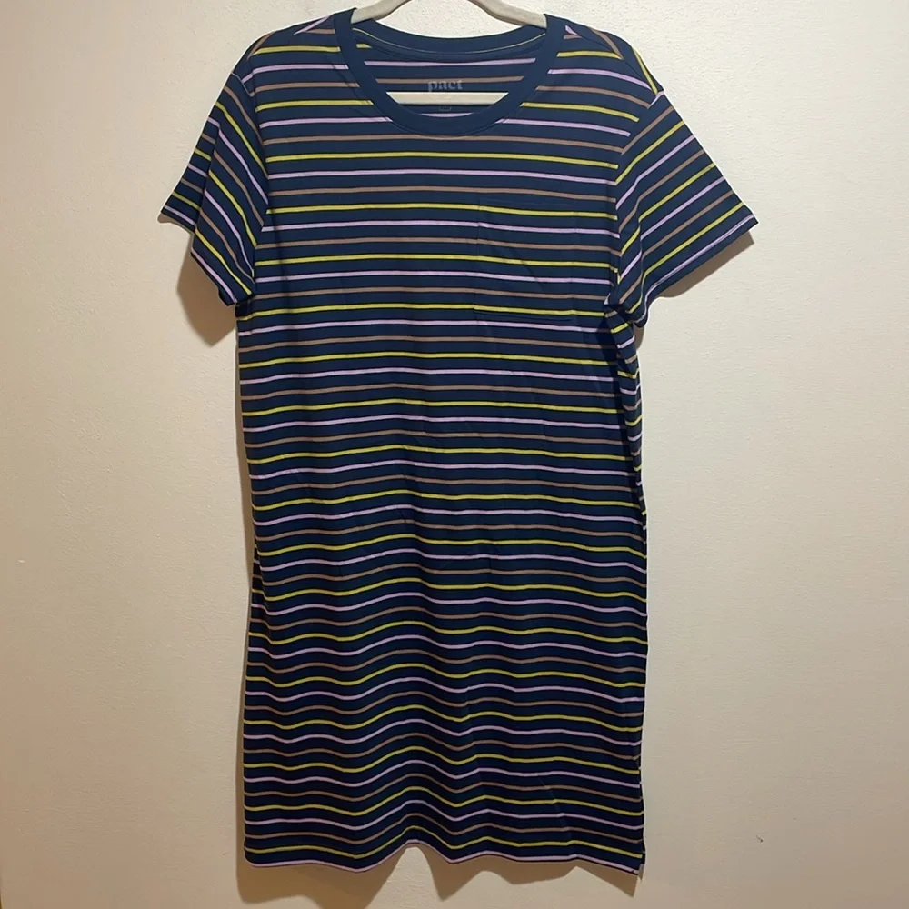 SOLD Pact Softspun Tee T-Shirt Dress Short Sleeve Casual Multicolor Stripe Large - Picture 3 of 14